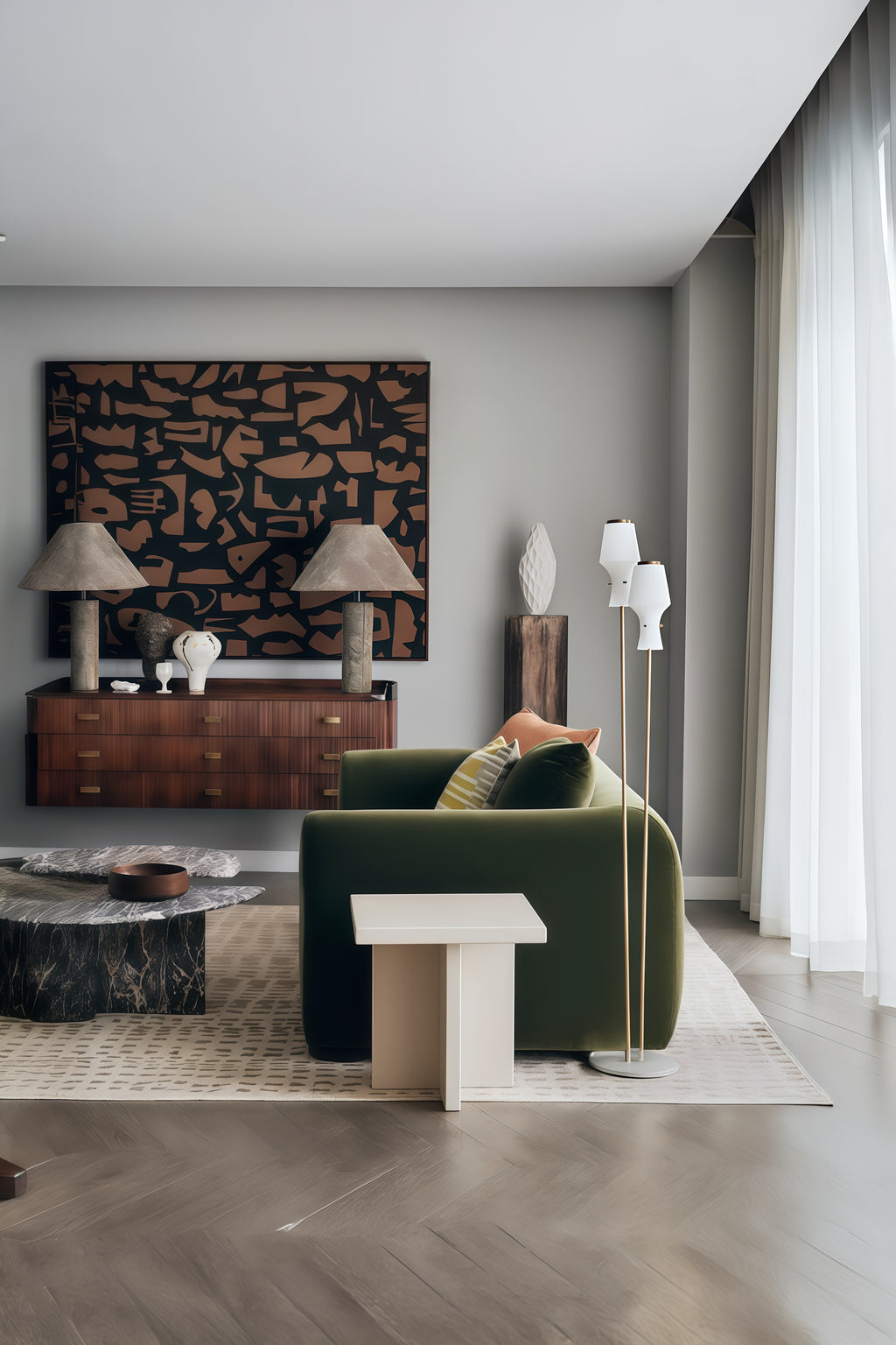 Mesa de auxiliar Milo vista lateral mostrando acabado en microcemento