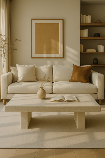 Mesa centro Giulietta vista lateral mostrando forma única en microcemento