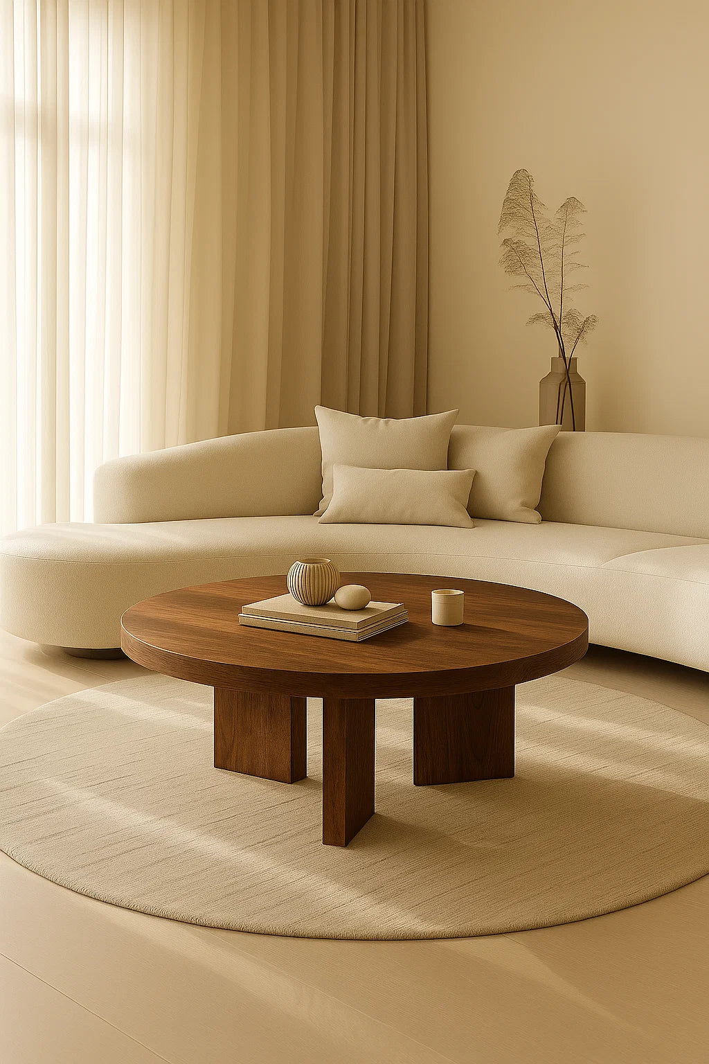 Mesa de centro Valentina redonda de madera maciza de abeto con calidez natural y elegancia atemporal