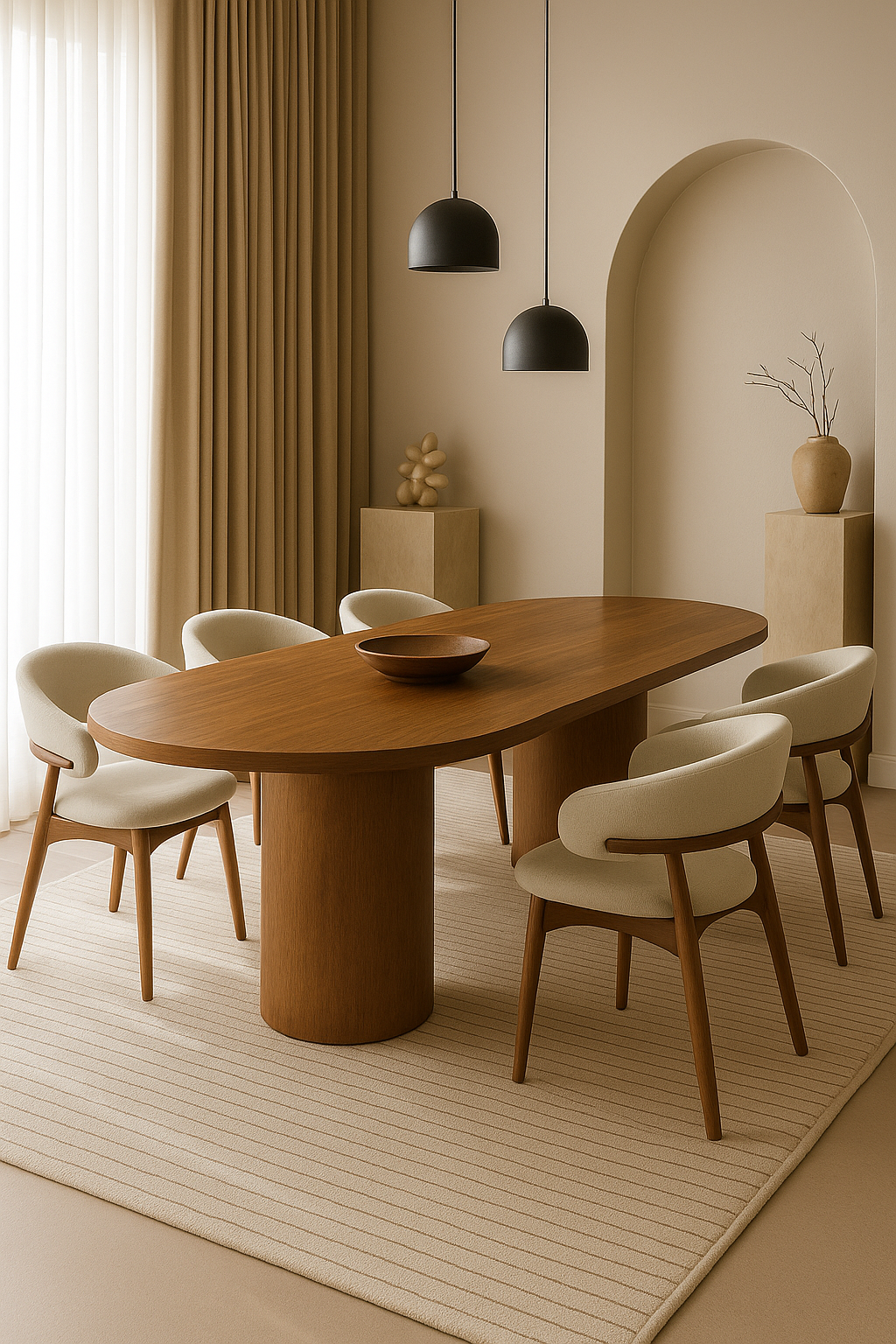 Mesa comedor Aurora ovalada de madera rechapada en ambiente elegante y acogedor