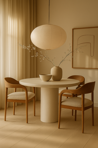 Mesa de comedor Bruna vista lateral mostrando diseño contemporáneo en microcemento