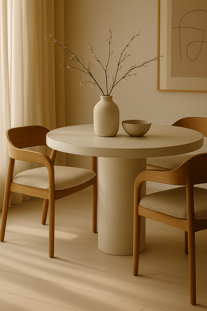 Detalle de mesa de comedor Bruna hecha a mano en microcemento