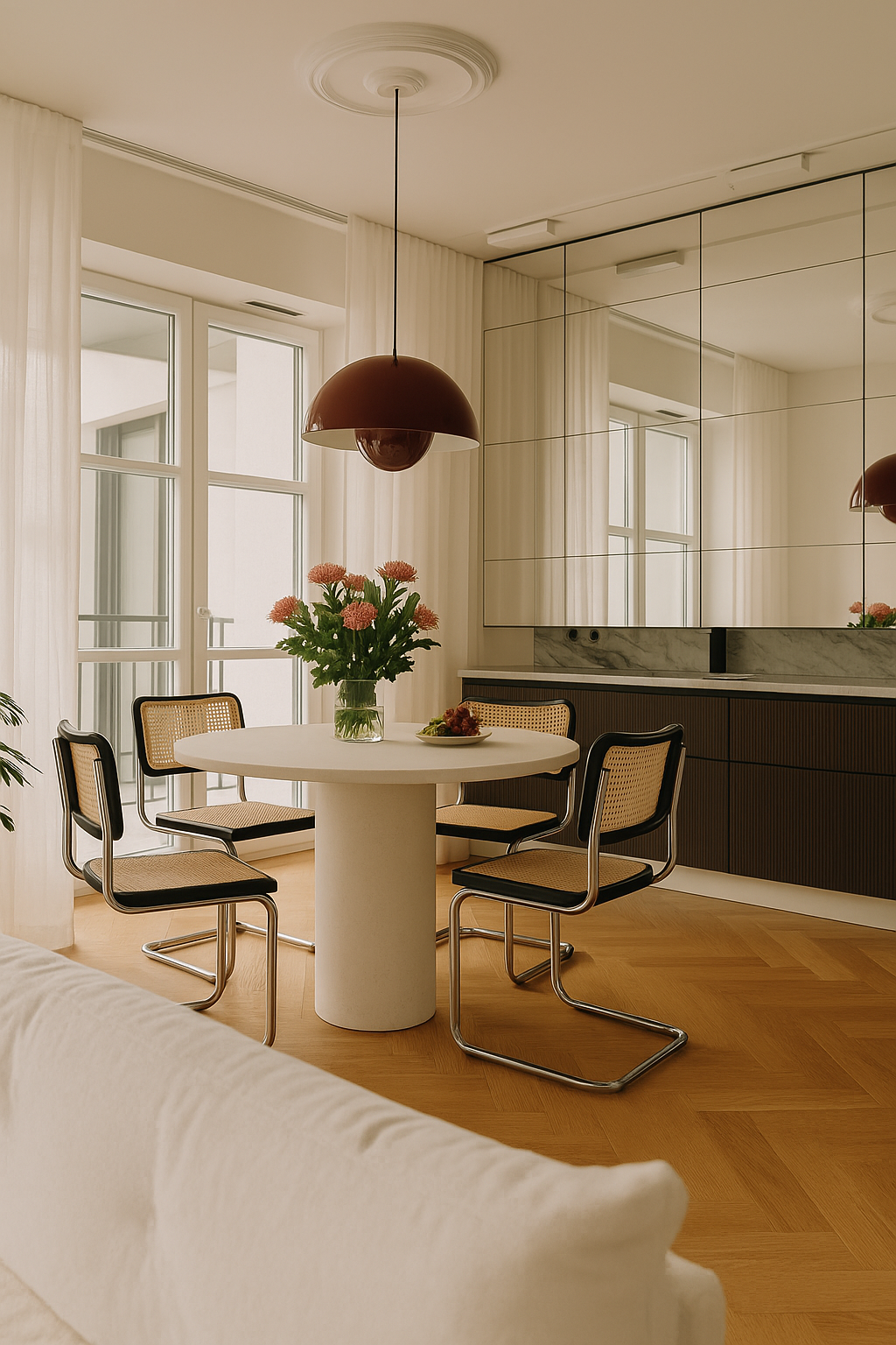 Mesa de comedor Bruna redonda de microcemento con pata cilíndrica central